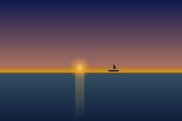 Una barca a vela solitaria naviga sul Mediterraneo al tramonto con giubbotti di salvataggio arancioni
