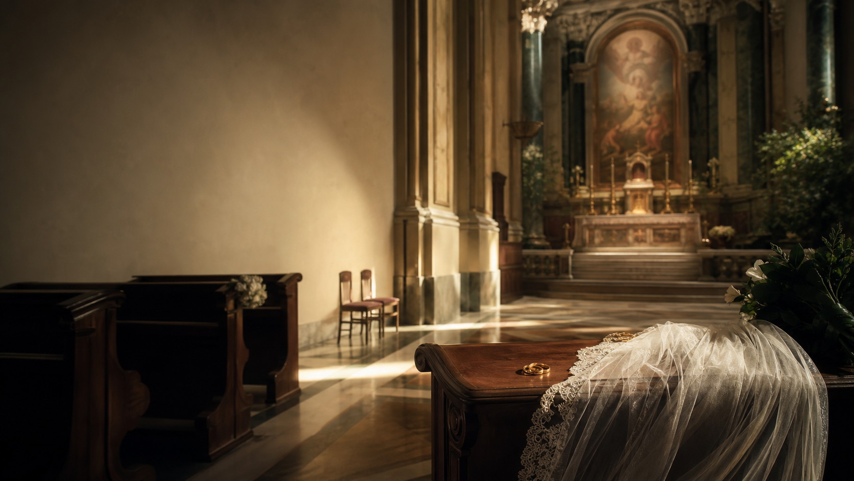 Luce domenicale in una chiesa, fedi nuziali e posti vuoti: il matrimonio cattolico e chi resta escluso dal rito