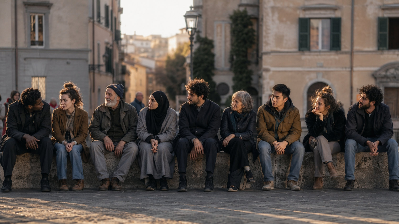 Persone diverse sedute insieme in una piazza, copertina per un articolo sull'uguaglianza.
