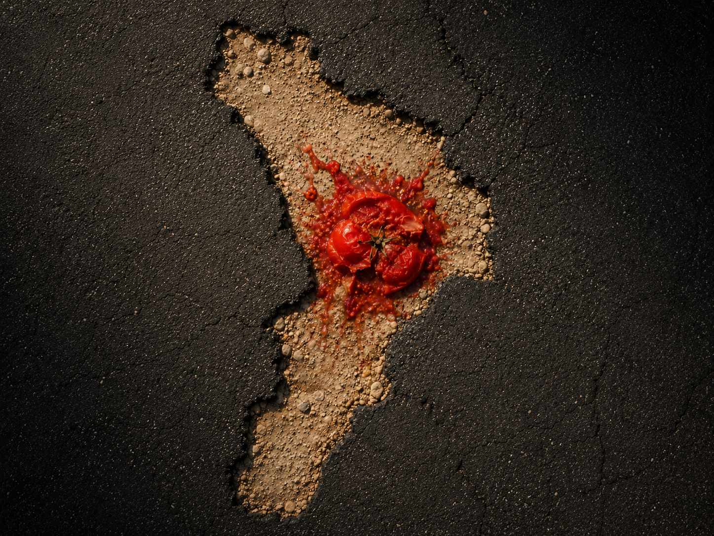 La sagoma della Calabria scavata nell'asfalto di una strada, con un pomodoro schiacciato come una macchia di sangue al centro: immagine simbolica sullo sfruttamento dei braccianti agricoli sulla Statale 106