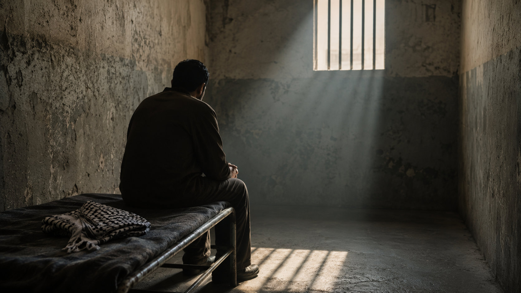 Persona seduta su una branda in una cella carceraria illuminata da una finestra con sbarre