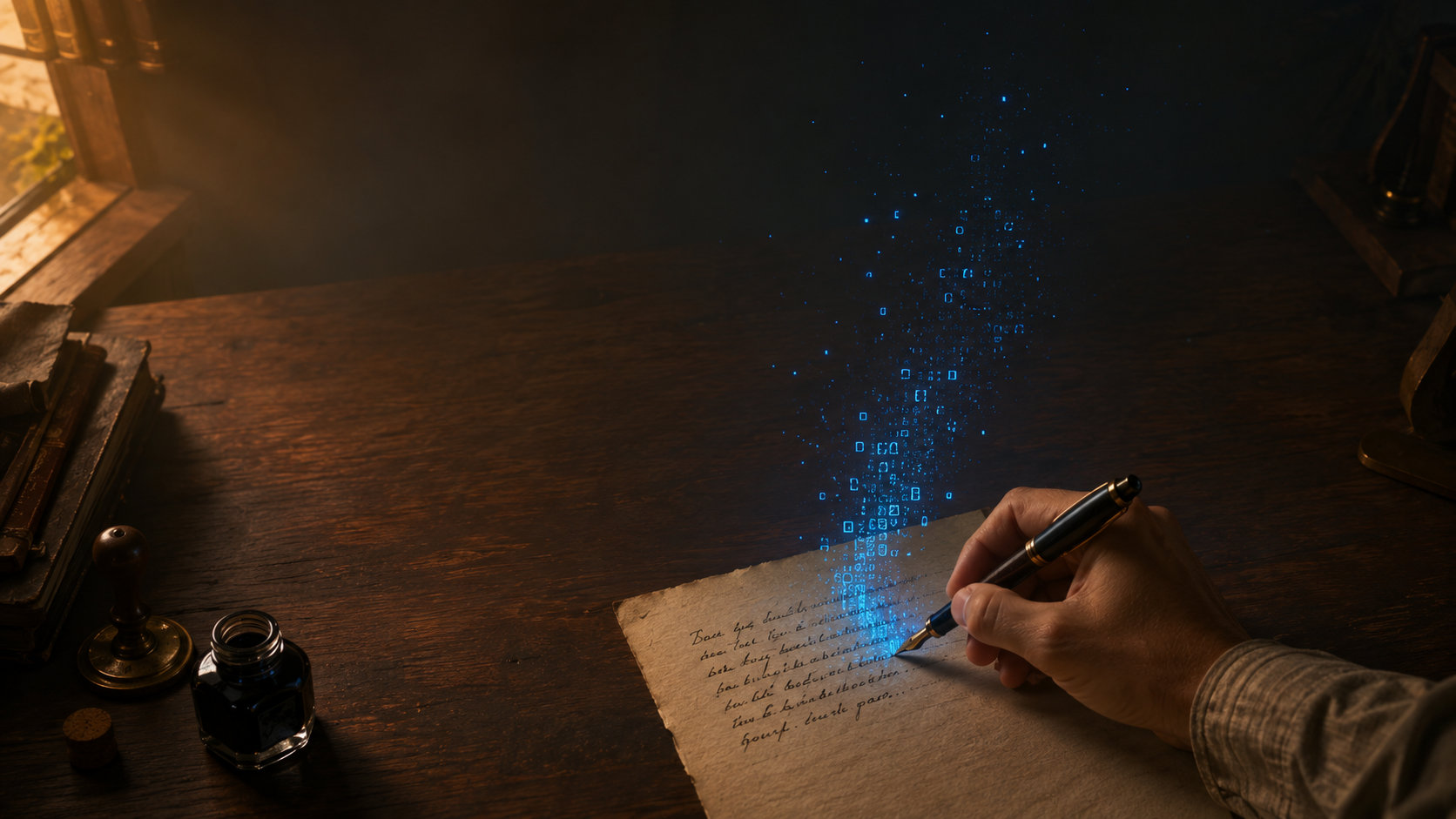 Mano che scrive con penna stilografica mentre l'inchiostro si trasforma in particelle digitali luminose