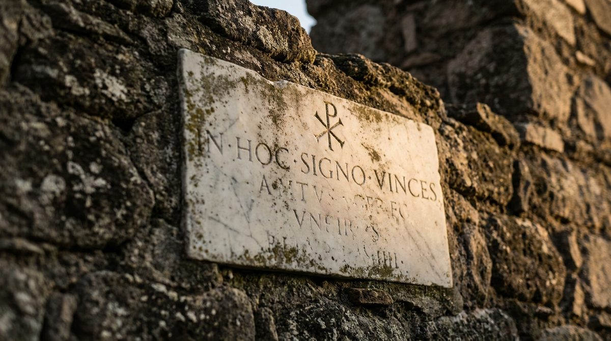 Epigrafe cristiana del V secolo con il monogramma di Cristo murata nella pietra, a richiamo della lastra di Leta presbitera a Tropea