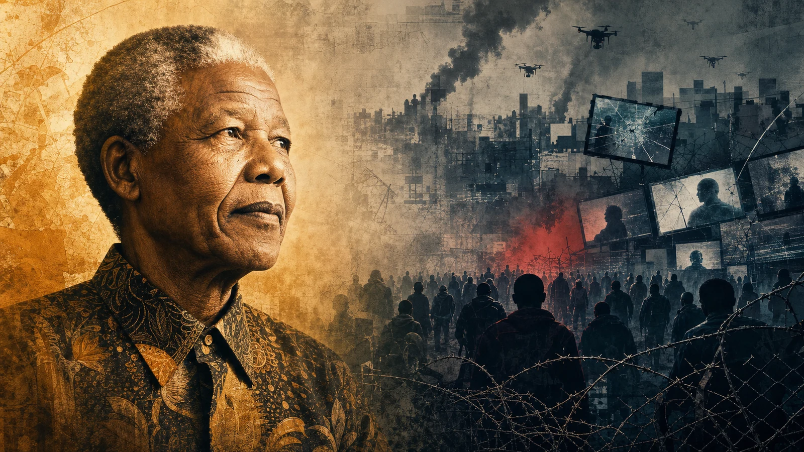 Ritratto editoriale di Nelson Mandela in contrasto con schermi spezzati, filo spinato e una folla nel presente