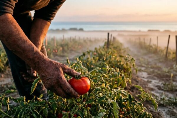 Mani di bracciante agricolo che raccoglie un pomodoro nella Piana di Sibari all'alba, con il Mar Ionio sullo sfondo