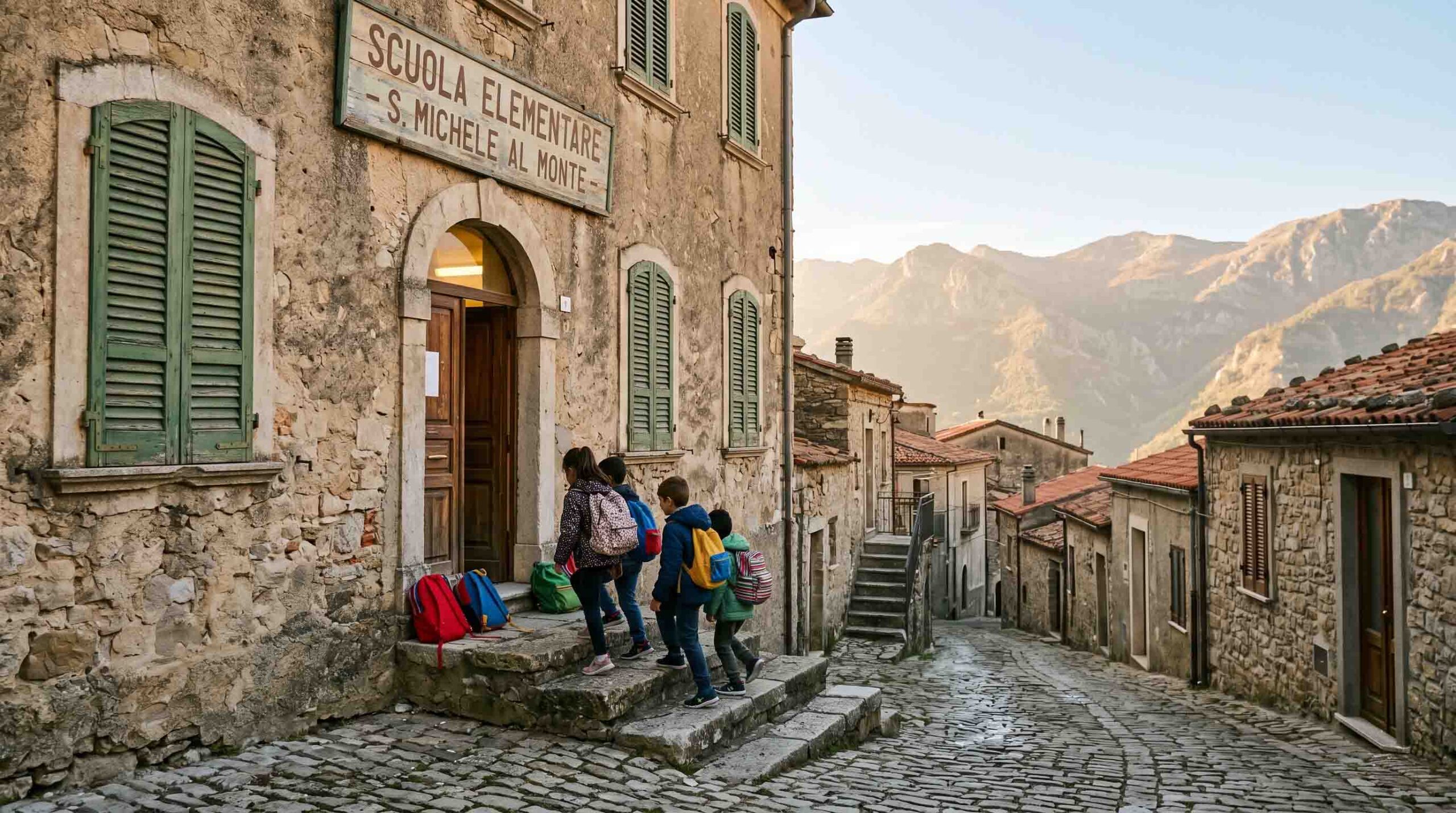 Bambini di diverse origini salgono insieme i gradini di una piccola scuola di paese in Calabria, nella luce del mattino