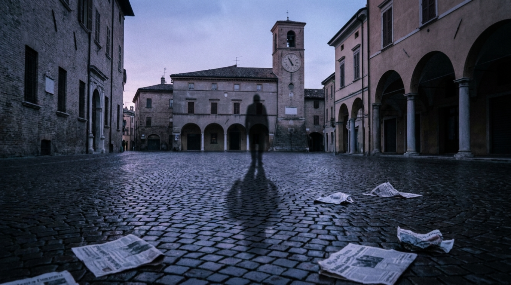 Piazza italiana deserta al tramonto con l'ombra lunga di un uomo: il ricorso storico del populismo italiano
