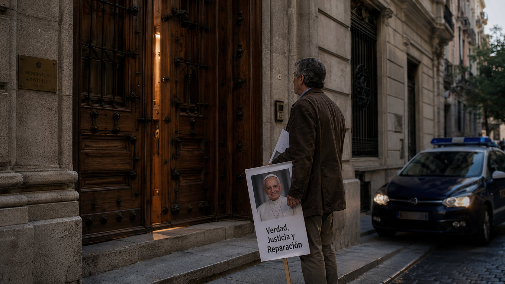 Un uomo con una fotografia di papa Leone XIV davanti alla Nunziatura apostolica di Madrid