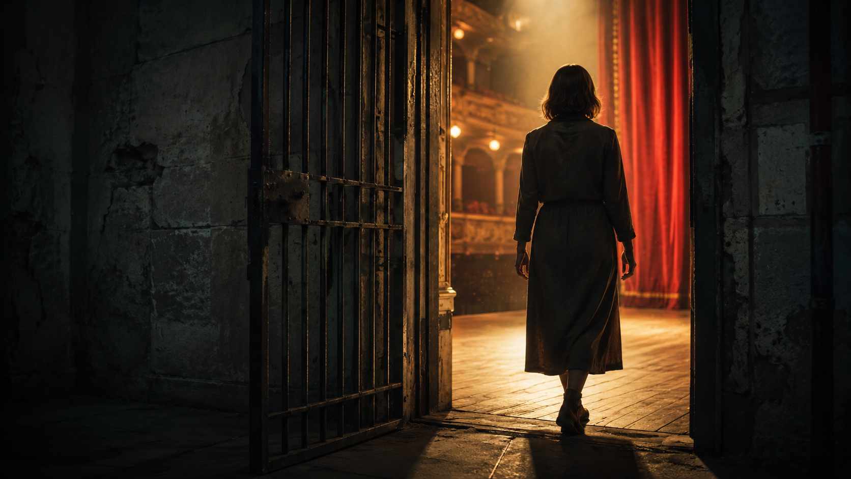 Palcoscenico teatrale illuminato visto dalla soglia in penombra, simbolo del teatro in carcere