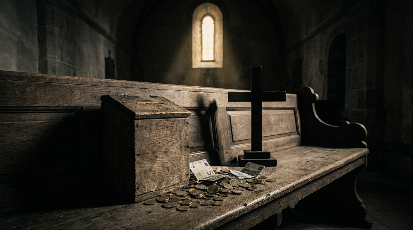 Cassetta delle offerte e croce di legno con monete e banconote in euro su una panca di chiesa, luce di taglio, chiaroscuro