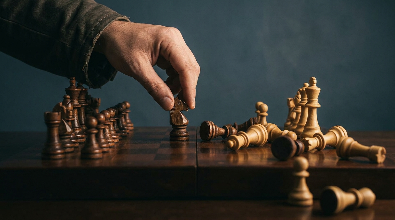 Mano che sposta con calma un cavallo sulla scacchiera mentre i pezzi avversari sono rovesciati: come rispondere a un provocatore senza fargli vincere