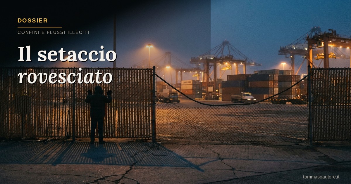 Una figura sola davanti a una recinzione metallica guarda un porto di container illuminato al crepuscolo: il confine trattiene la persona mentre le merci scorrono