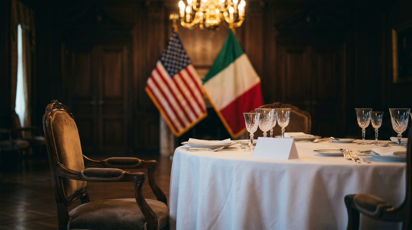 Sedia vuota a un ricevimento diplomatico con bandiere italiana e statunitense sullo sfondo, simbolo dell'assenza politica