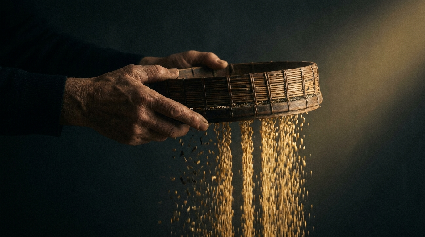 Due mani reggono un crivello, luce calma che filtra, grano separato dalla pula