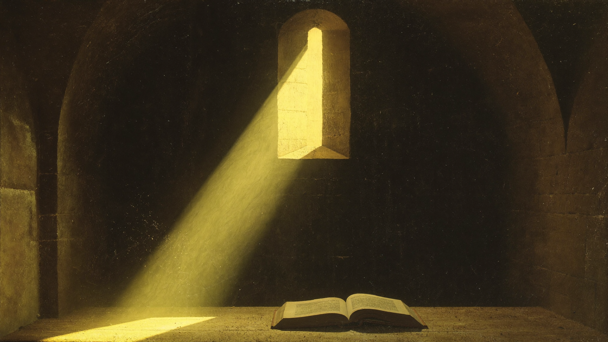 Un raggio di luce dorata entra da una feritoia in una stanza di pietra e illumina un libro aperto: la luce che decide dentro