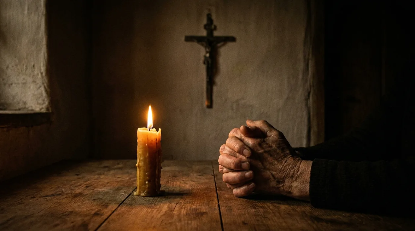 Una candela accesa e due mani giunte in preghiera davanti a un crocifisso in una stanza spoglia, immagine della Chiesa del silenzio
