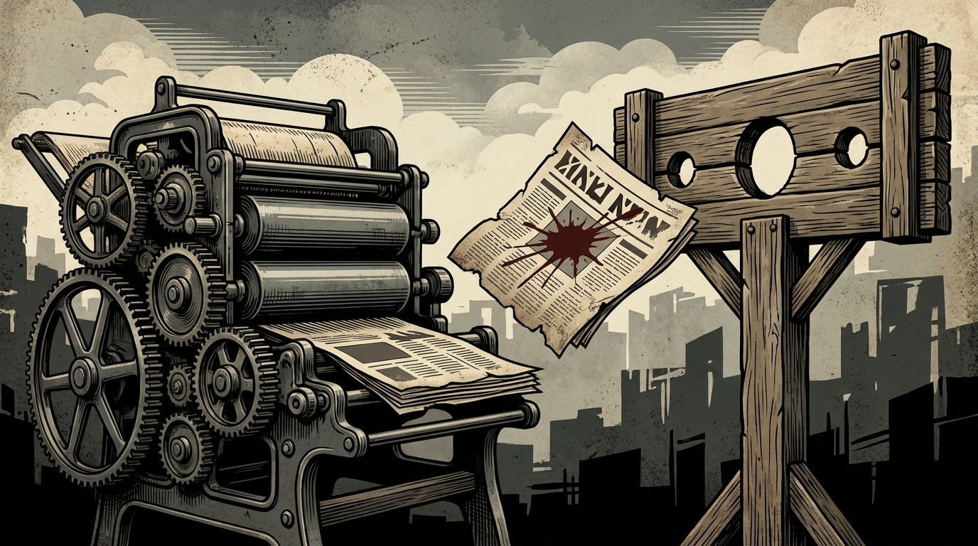 Illustrazione editoriale: una macchina da stampa che si trasforma in una gogna attraverso ingranaggi