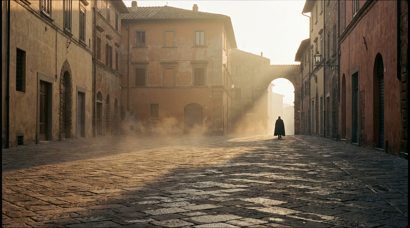Piazza italiana deserta all'alba con una figura solitaria che cammina verso la luce: la politica della speranza