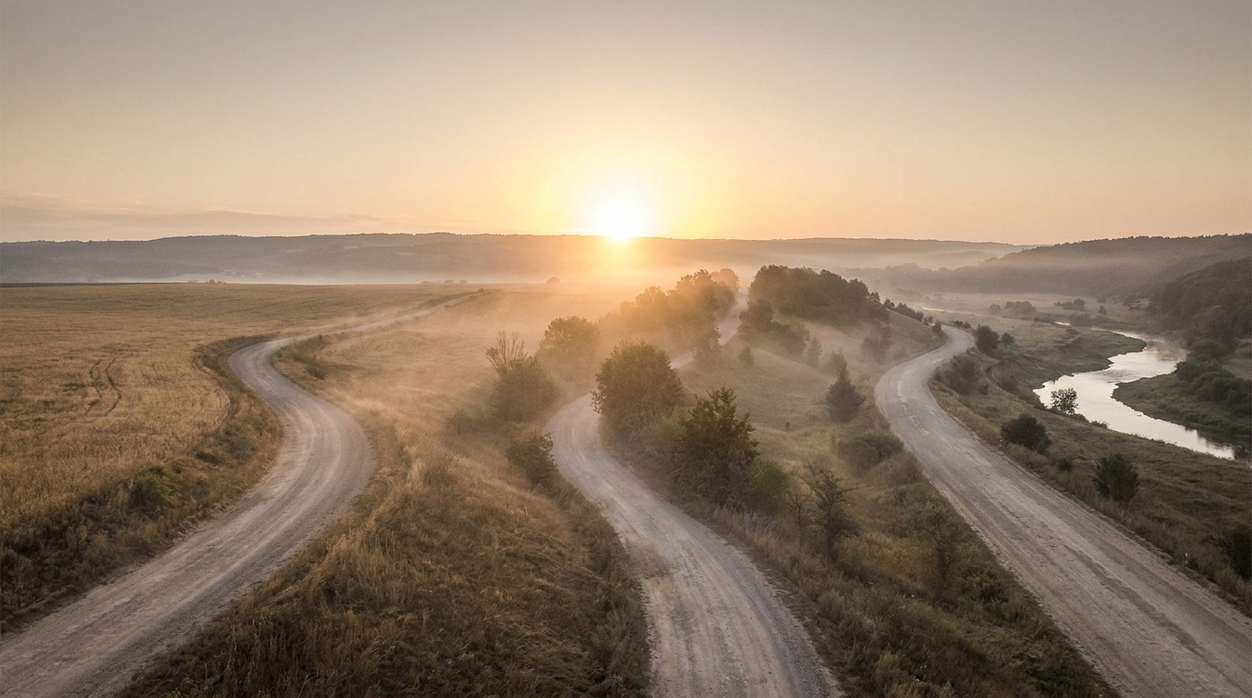 Tre strade di campagna che convergono verso la stessa alba dorata nella foschia: diversi cammini verso la speranza