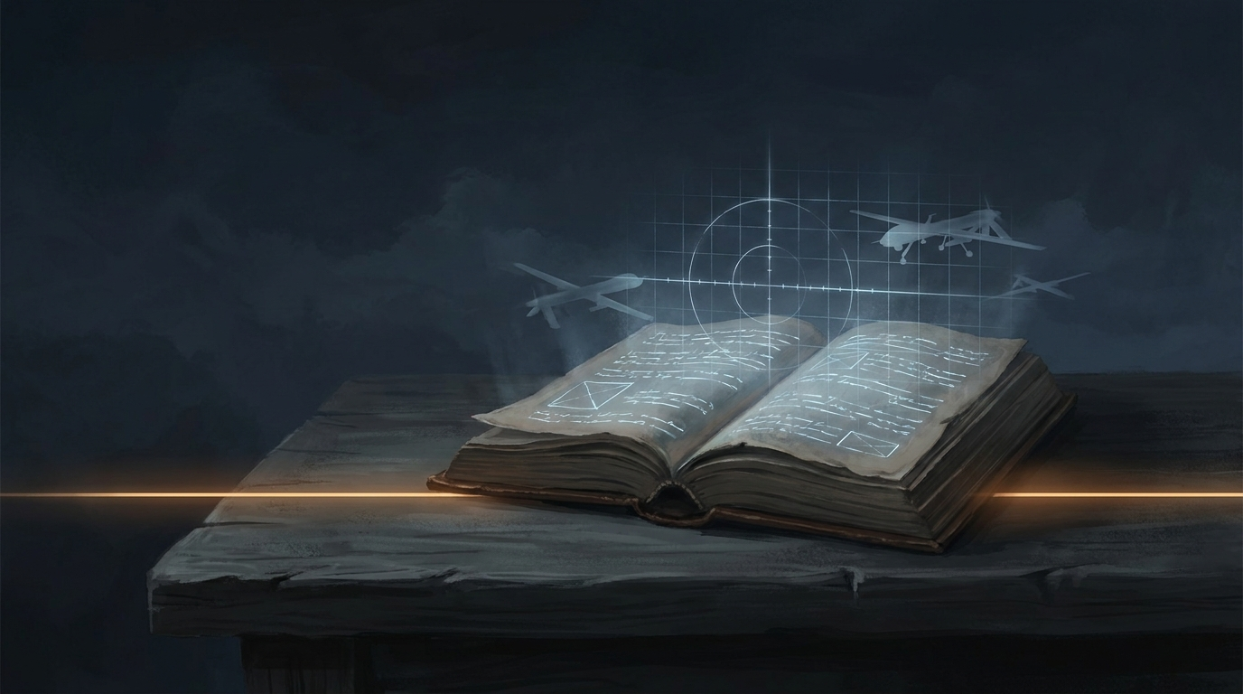 Illustrazione concettuale: un antico libro di legge le cui pagine si trasformano in una griglia di puntamento e sagome di droni nel cielo notturno, con una sottile linea di luce che attraversa la scena come una soglia cancellata.