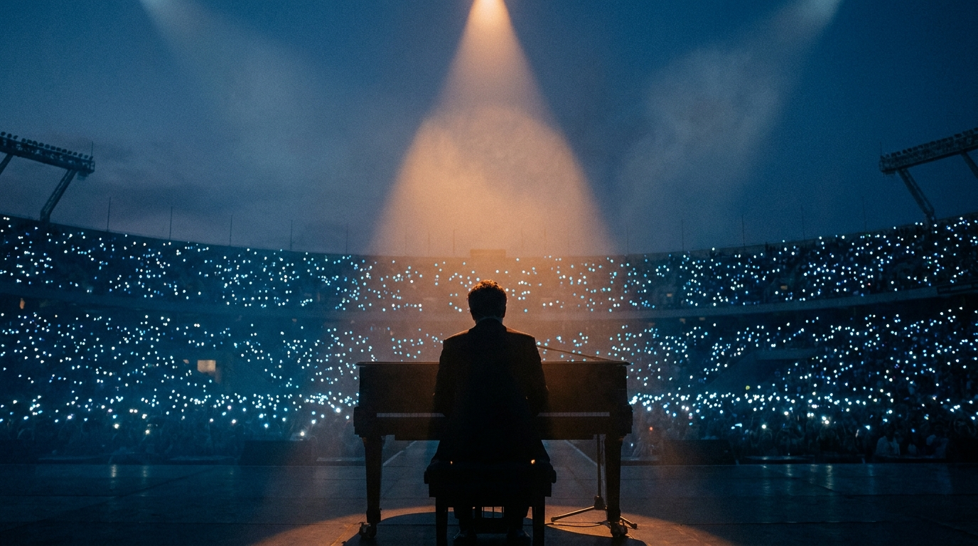 Un pianista solo, in silhouette, al centro di uno stadio gremito illuminato da migliaia di luci: l'intimità dentro la dimensione di massa