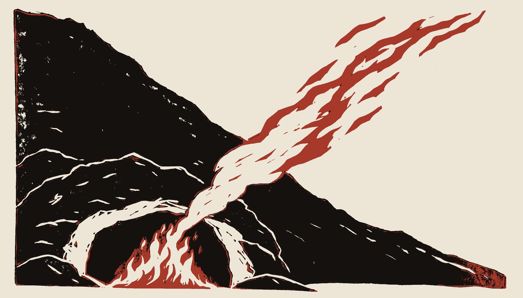 Incisione a due colori: una montagna nera con l’imbocco di una grotta, e un fuoco rosso acceso all’ingresso