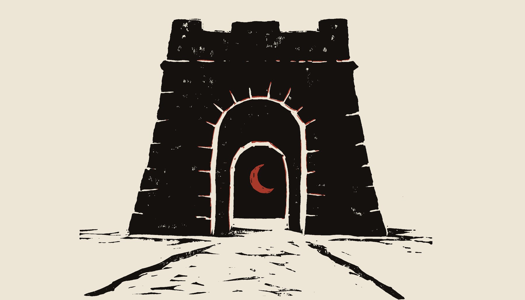 Incisione a due colori: una porta medievale ad arco, nera, con una falce di luna rossa dentro l'apertura