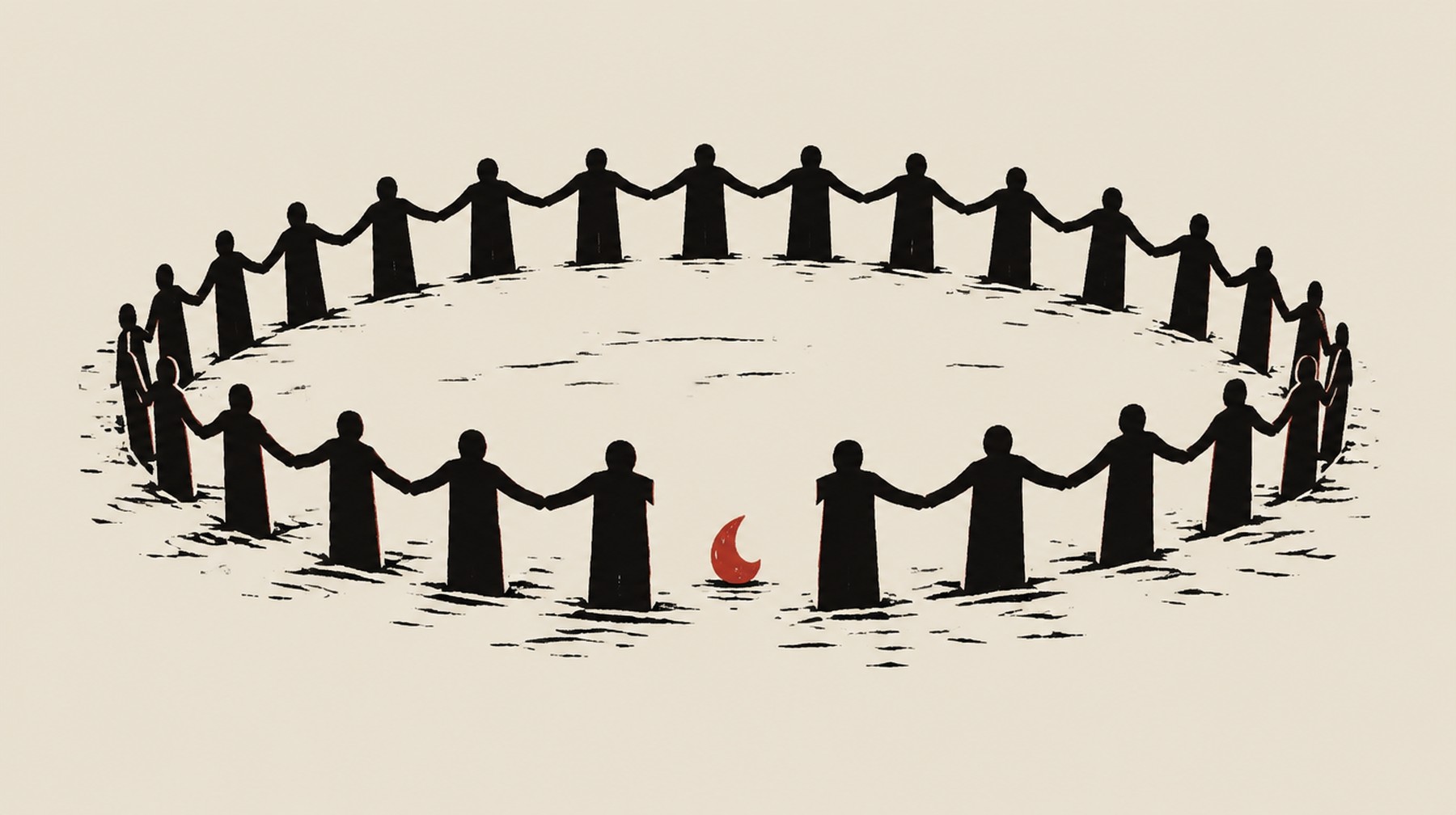 Incisione a due colori: un cerchio di figure nere che si tengono per mano, con un posto vuoto e un piccolo fuoco rosso a terra