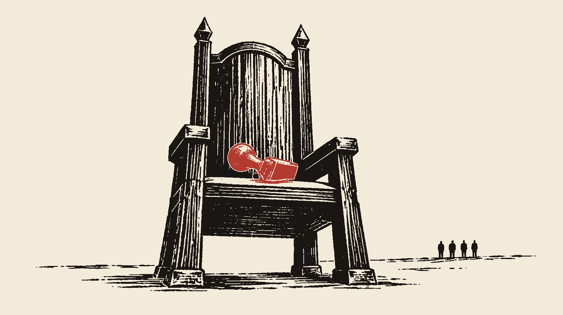 Incisione a due colori: un grande trono di legno vuoto con un timbro d'ufficio rosso appoggiato sul sedile; in lontananza quattro piccole figure nere in fila.