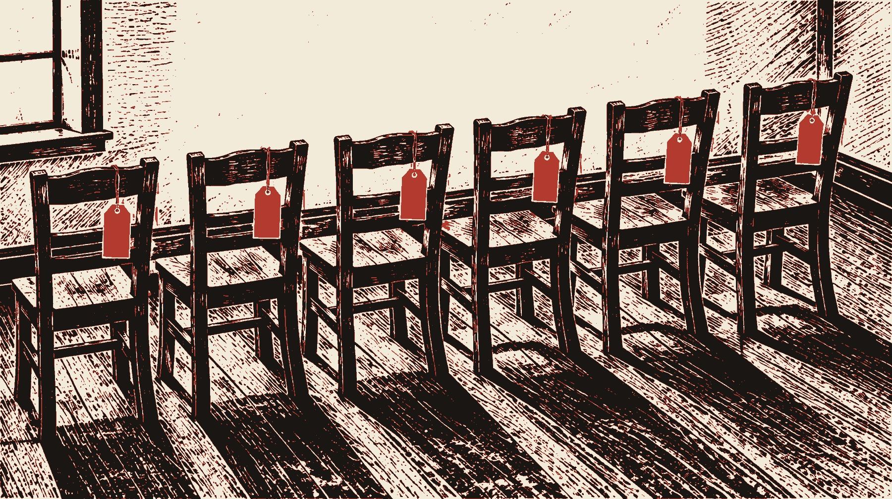 Incisione a due colori: una fila di sedie vuote in una sala d'attesa, da ognuna pende un cartellino del prezzo rosso senza cifre