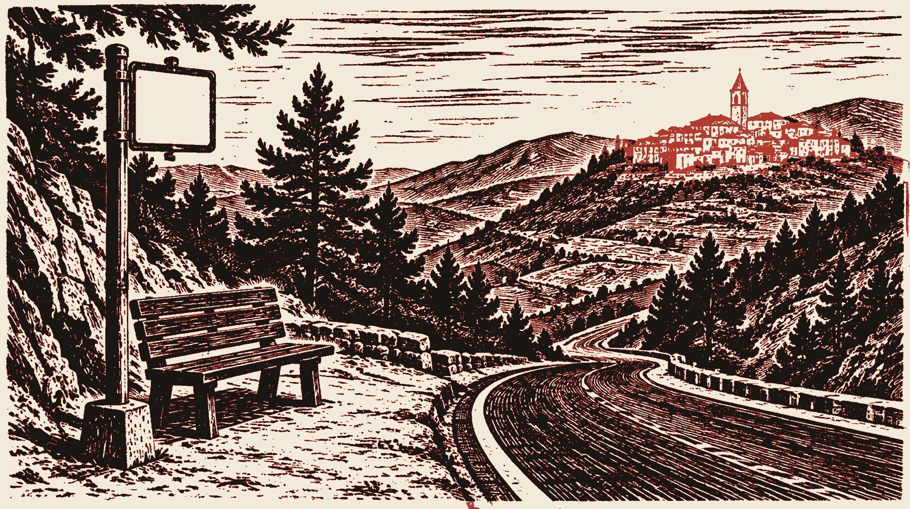 Incisione a due colori: una fermata dell'autobus con la tabella degli orari vuota su una strada di montagna, in alto un paese con il campanile in rosso