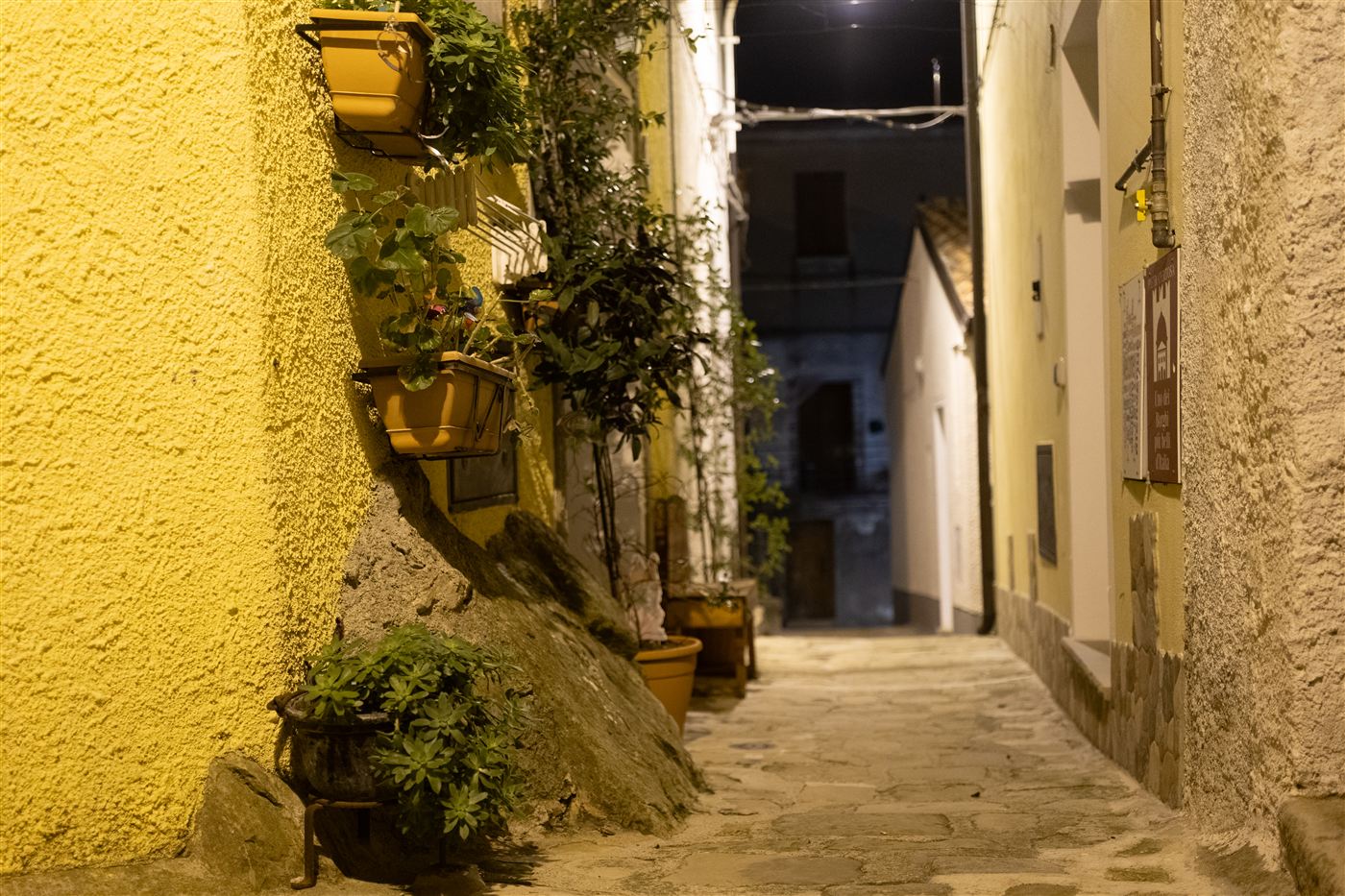 Vicolo di Castelmezzano con muri gialli, piante in vaso e roccia viva che affiora