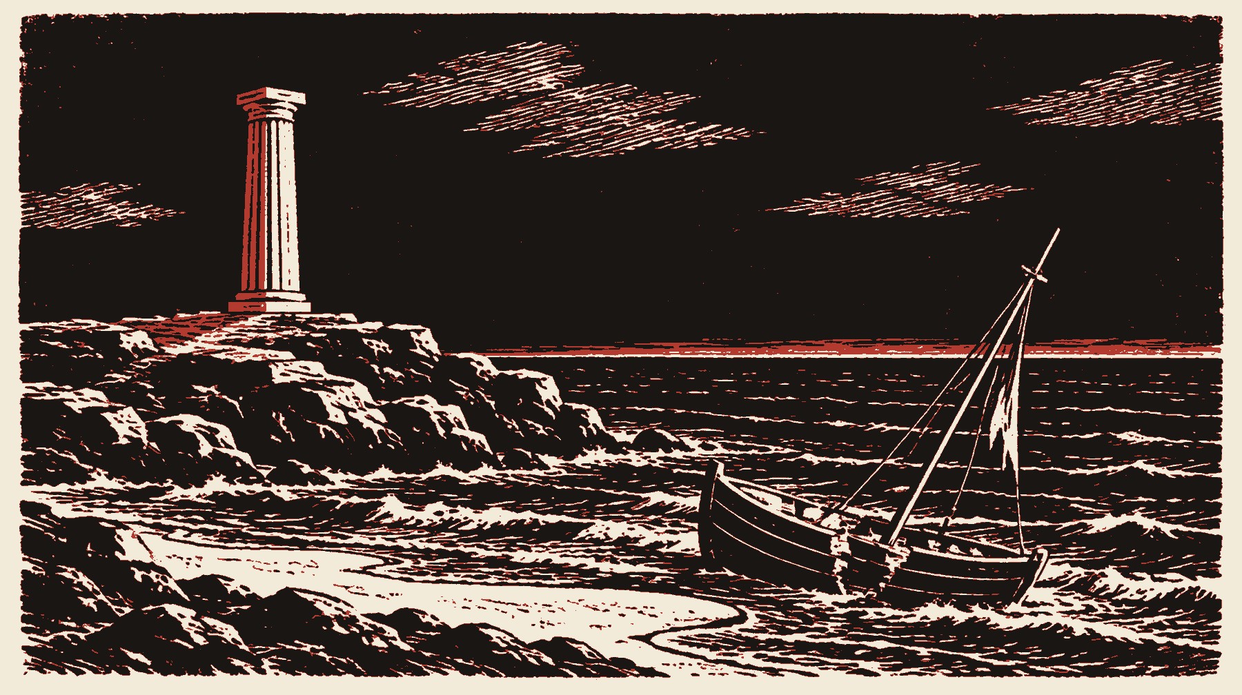 Incisione a due colori: la colonna di Capo Colonna su un promontorio roccioso e, nel mare sotto, una piccola barca a vela spezzata su una secca a pochi metri dalla spiaggia, di notte, con una striscia rossa di luce all'orizzonte